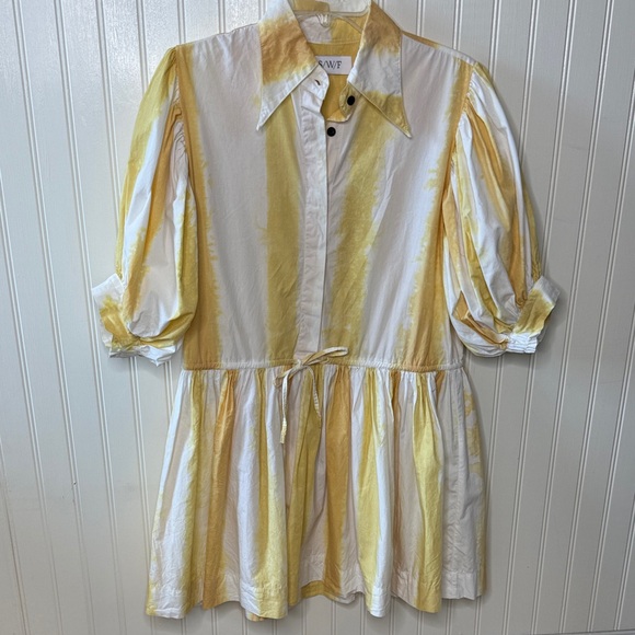 SWF Yellow White‎ Tie-Dye Mini Dress Drop Waist Puff Sleeve - S